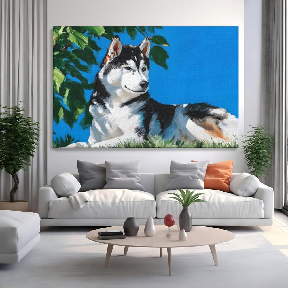 Tablou canvas cu tablou canvas cu husky sub copac, fara rama, pe sasiu de lemn, pe perete intr-un living